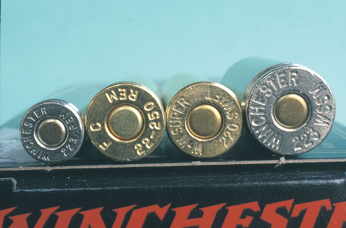 How popular the .223 magnum will become depends on  how well it competes with these cartridges (left to right): .223 Remington, .22-250 Remington, .220 Swift and .223 WSSM. Facing page, the Sisk is a big rifle.